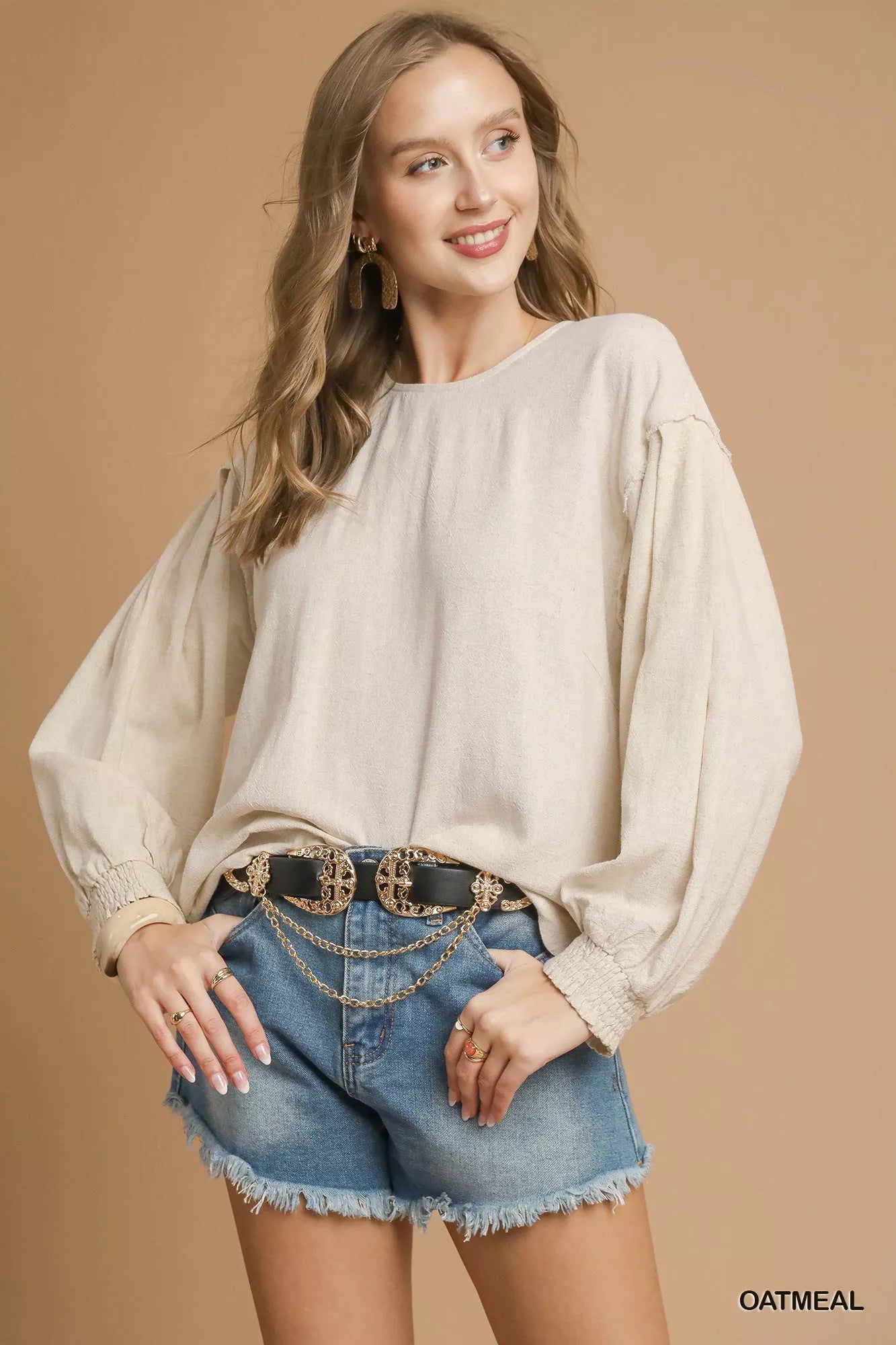 Umgee Linen Scallop Hem Long Sleeve Blouse - Sleekdenim.com