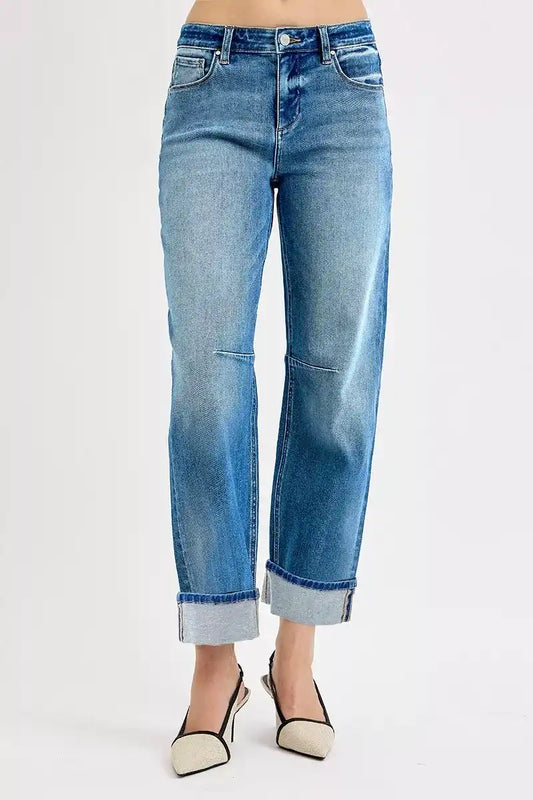 RISEN Mid Rise Slouchy Crop Barrel Cuffed Jeans