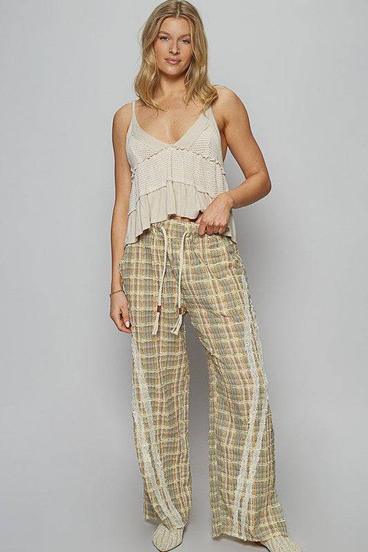 POL Lace Trim Drawstring Checkered Wide Leg Pants | Sleekdenim.com