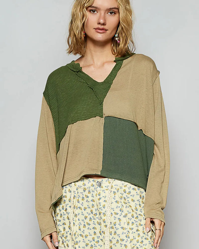 POL Color Block Notched Long Sleeve T-Shirt - Sleekdenim.com