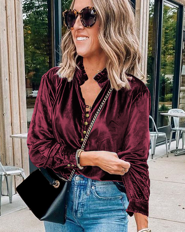Red Frilled Buttoned V Neck Velvet Blouse