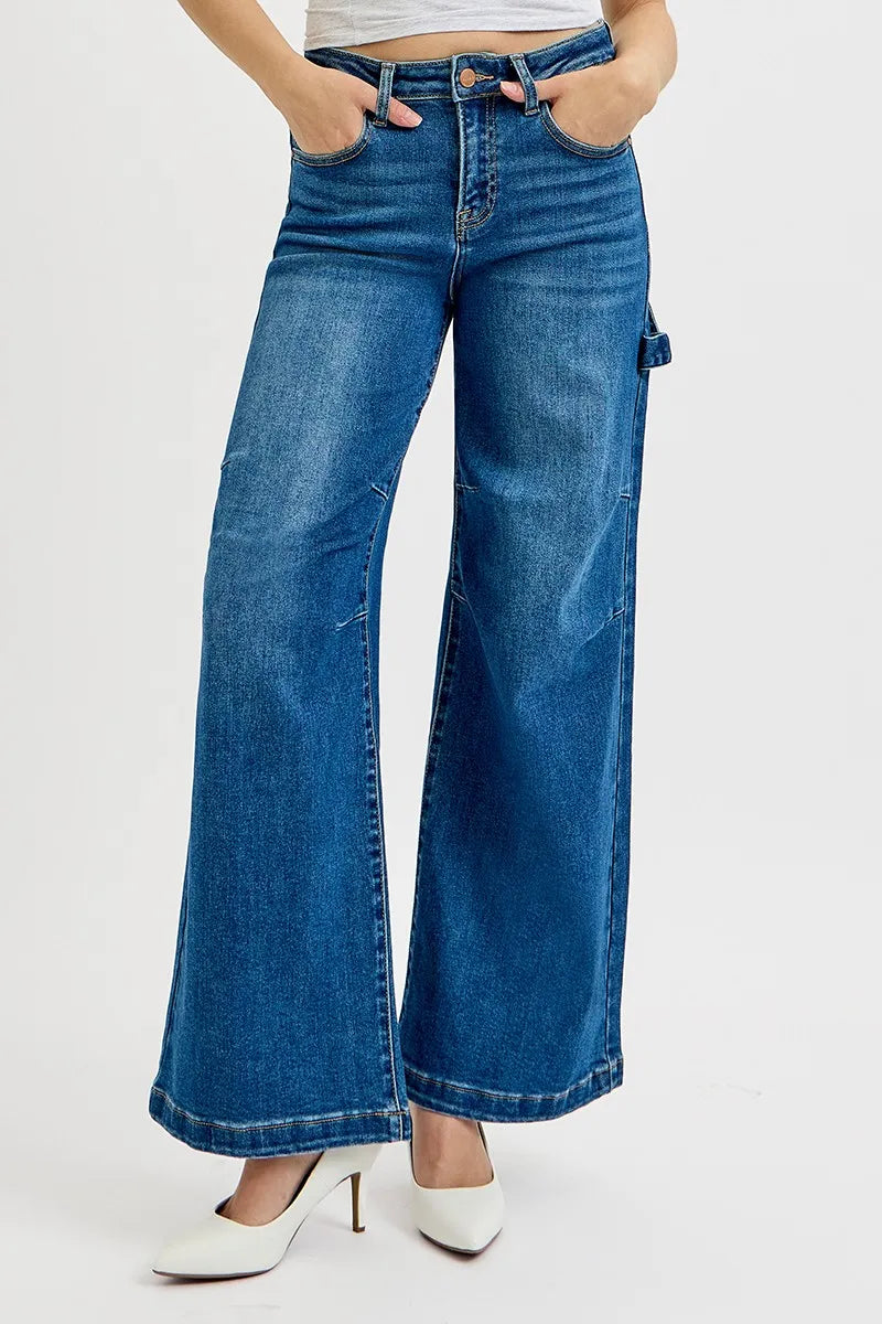 RISEN Full Size High Rise Wide Leg Patch Detailed Jeans Plus Size - Sleekdenim.com