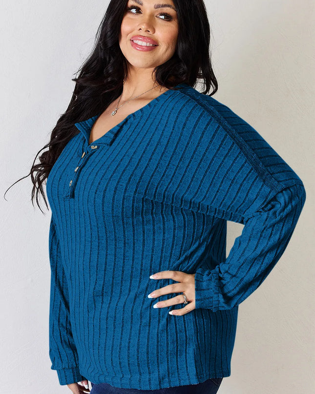 Basic Bae Full Size Ribbed Half Button Long Sleeve T-Shirt - Sleekdenim.com