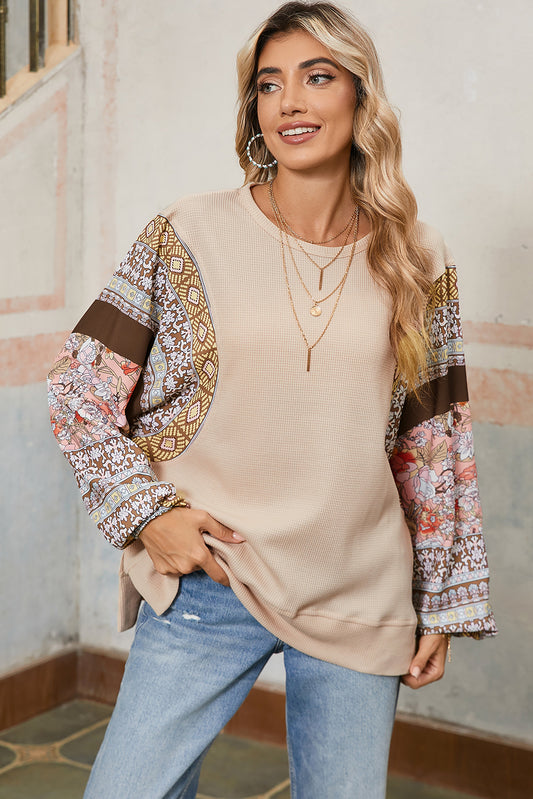 Parchment Floral Patchwork Puff Sleeve Waffle Knit Top - Sleekdenim.com