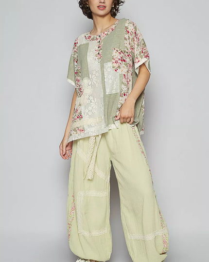 POL Lace Round Neck Short Sleeve Floral Pattern Top with Patch Detail - Sleekdenim.com