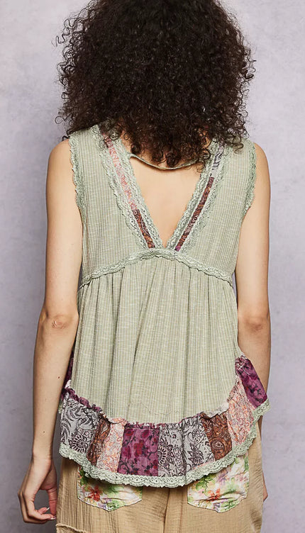 POL Lace Detail Ruffled Ribbed Sleeveless Top with Floral Pattern Trim Detail - Sleekdenim.com