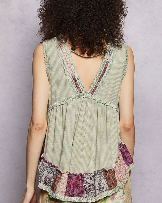POL Lace Detail Ruffled Ribbed Sleeveless Top with Floral Pattern Trim Detail - Sleekdenim.com