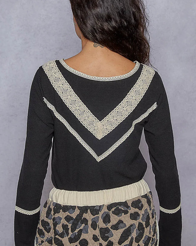 POL Ribbed Half Button Lace Detail Knit Top - Sleekdenim.com