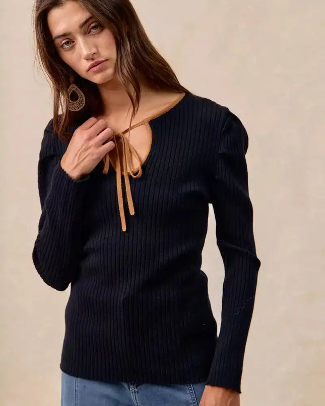 BiBi Ribbed Contrast Front Tied Top with Shrried - Sleekdenim.com