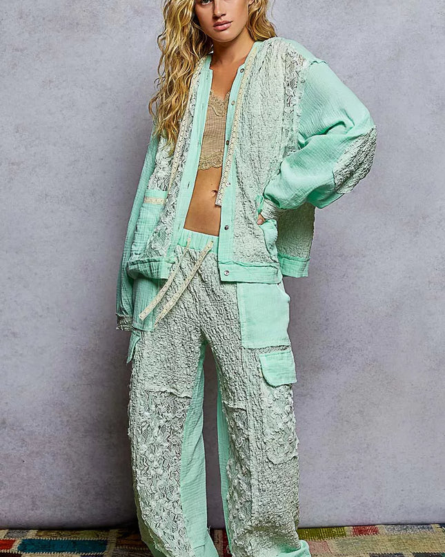 POL Exposed Seam Button Down Hooded Jacket with Lace Detail - Sleekdenim.com