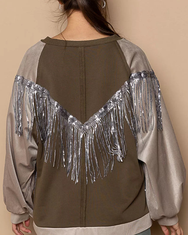 POL Balloon Sleeve French Terry Sweatshirt with Sequin Tassel - Sleekdenim.com