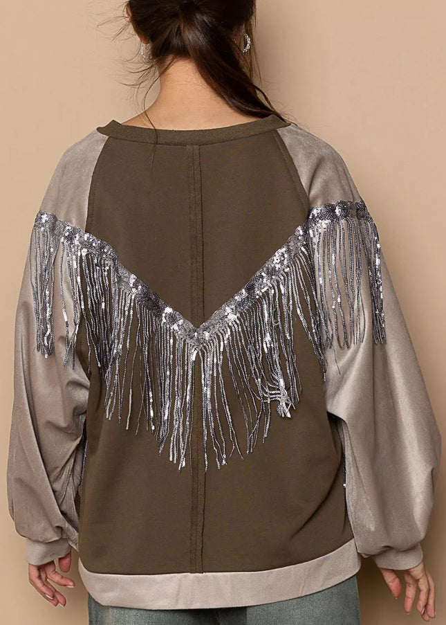 POL Balloon Sleeve French Terry Sweatshirt with Sequin Tassel - Sleekdenim.com