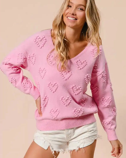 BiBi Valentines Heart Pompom V Neck Knit Top - Sleekdenim.com