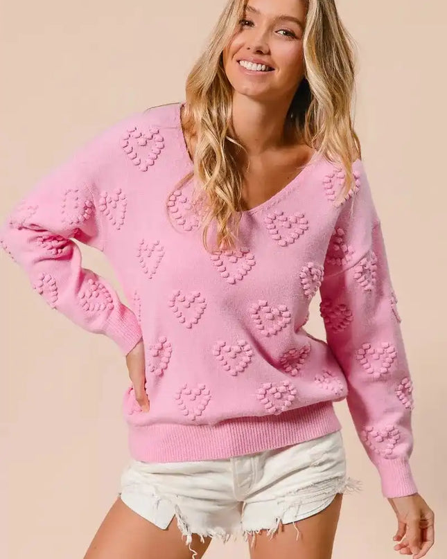 BiBi Valentines Heart Pompom V Neck Knit Top - Sleekdenim.com