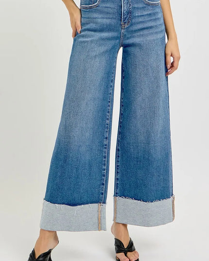 RISEN Full Size Tummy Control High Rise Crop Wide Cuffed Jeans Plus Size - Sleekdenim.com