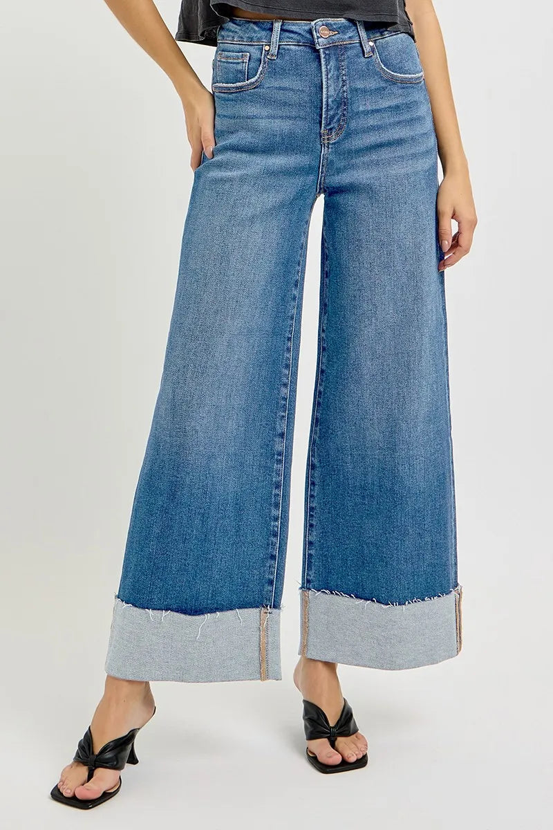 RISEN Full Size Tummy Control High Rise Crop Wide Cuffed Jeans Plus Size - Sleekdenim.com