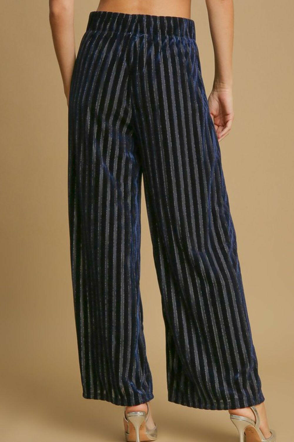 Umgee Full Size Elastic Waist Striped Wide Leg Velvet Pants Navy