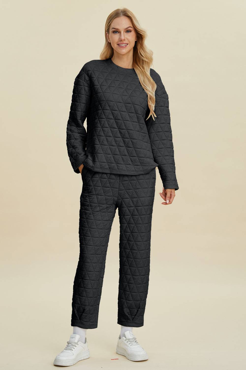 Double Take Full Size Texture Round Neck Long Sleeve Top and Pants Set | Sleekdenim.com