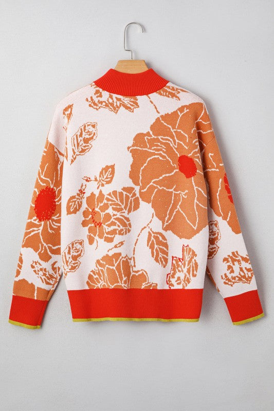 Floral Half Zip Collared Pullover Sweater - Sleekdenim.com