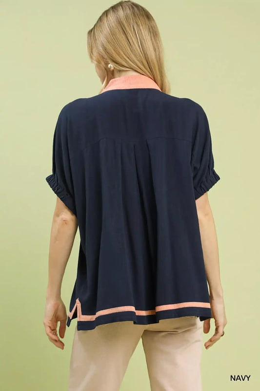 Umgee Linen Contrast Trim V-Neck Blouse - Sleekdenim.com