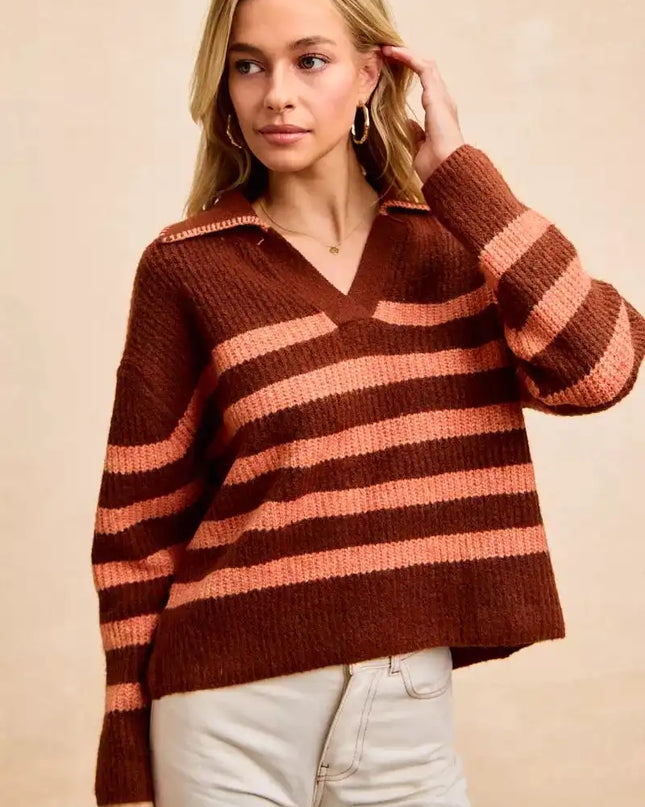 BiBi Striped Sweater Top with Collar Stitched Details - Sleekdenim.com