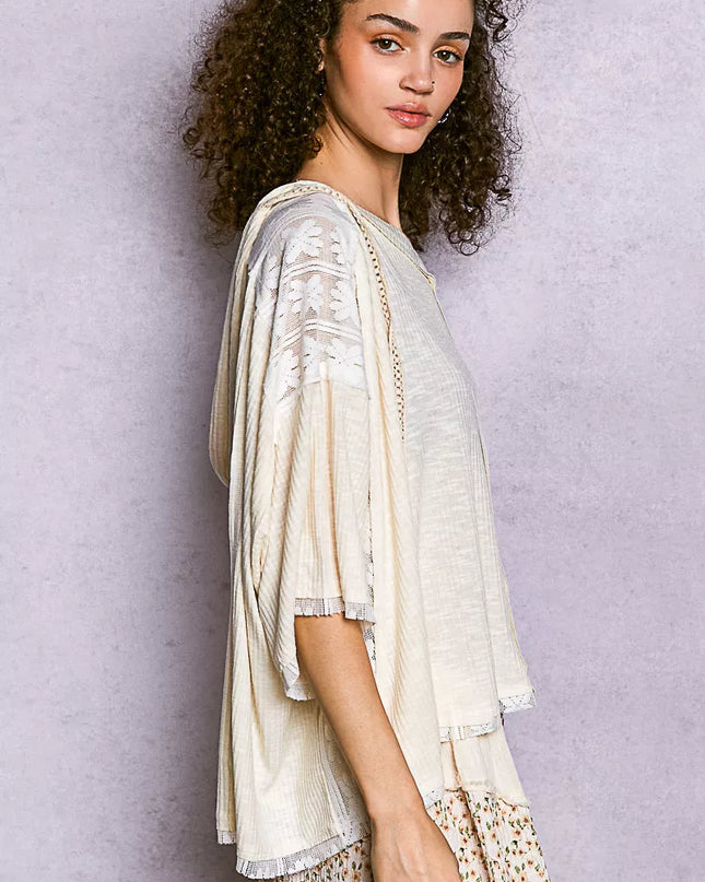 POL Short Sleeve Hoodie Top with Lace Detail - Sleekdenim.com