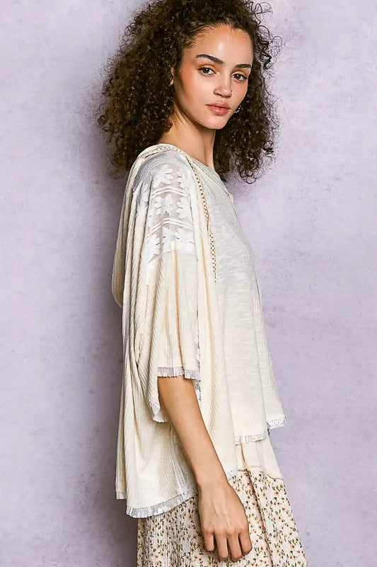 POL Short Sleeve Hoodie Top with Lace Detail