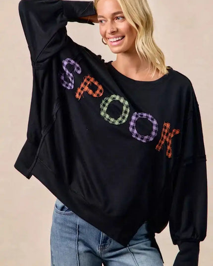 BiBi Spook Plaid Letter Print Oversized Sweatshirt - Sleekdenim.com