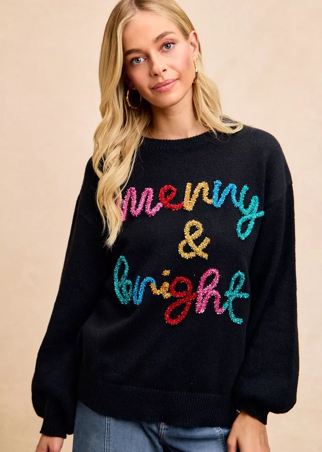 BiBi Tinsel Lettering Christmas Sweater - Sleekdenim.com