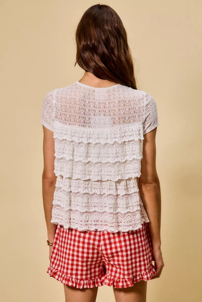 SO ME Ruffle Tiered Stretch Lace Short Sleeves Knit Top - Sleekdenim.com