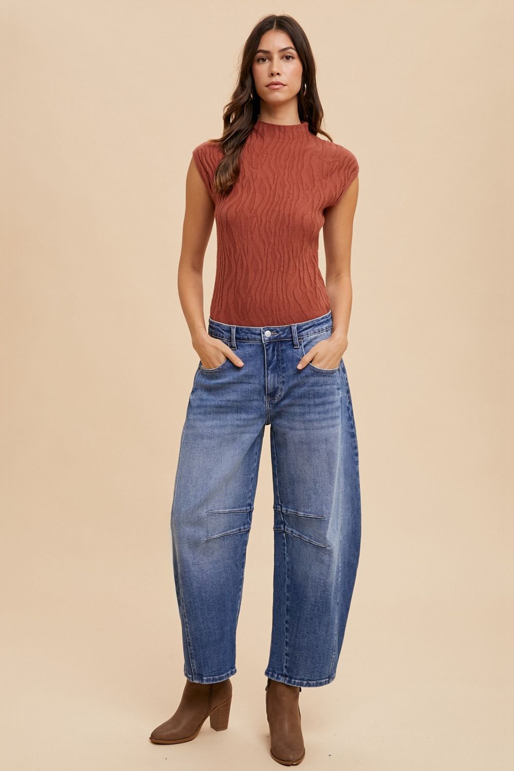 Annie Wear Mid Rise Barrel Leg Jeans with Pockets | Sleekdenim.com