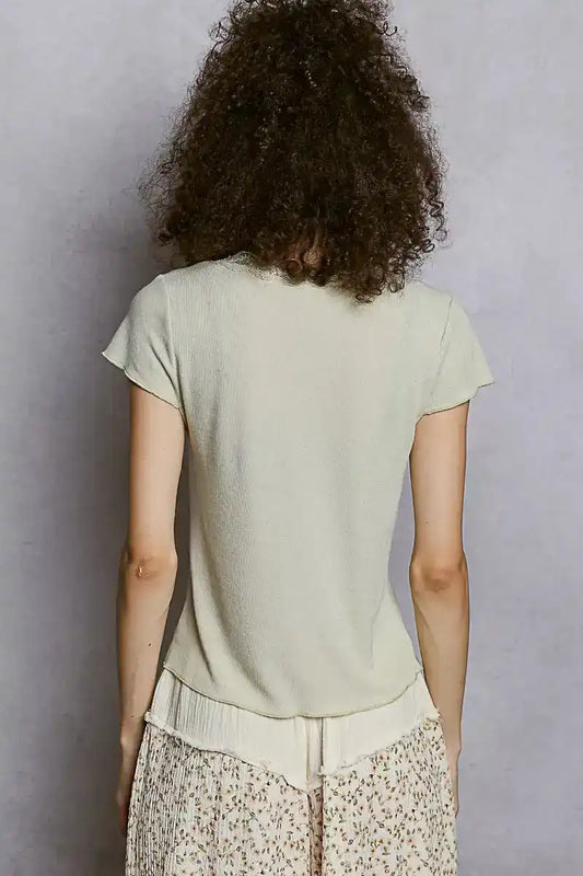 POL Round Neck Short Sleeve Crop T-Shirt with Lace Trim - Sleekdenim.com