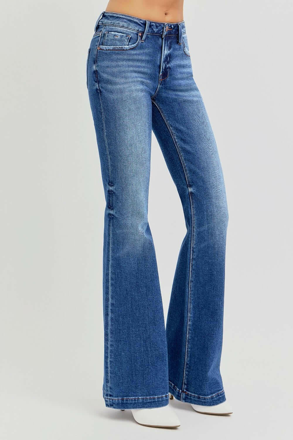 RISEN Full Size Low Rise Flare Jeans with Pockets.