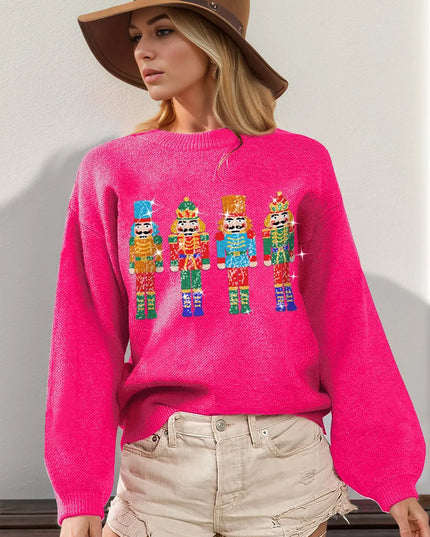 Double Take Full Size Sequin Nutcracker Long Sleeve Sweater - Sleekdenim.com