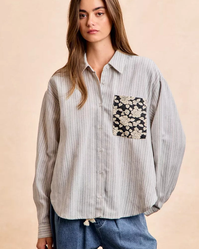 BiBi Flower Jacquard Knit Patch Pocket Stripe Shirt - Sleekdenim.com