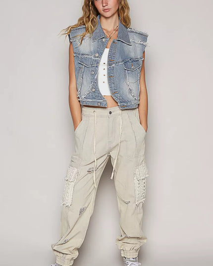 POL Assymetrical Front Closure Raw Hem Denim Vest - Sleekdenim.com
