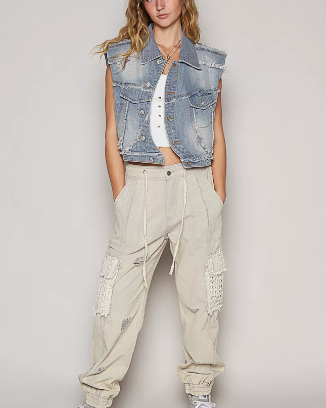 POL Assymetrical Front Closure Raw Hem Denim Vest - Sleekdenim.com