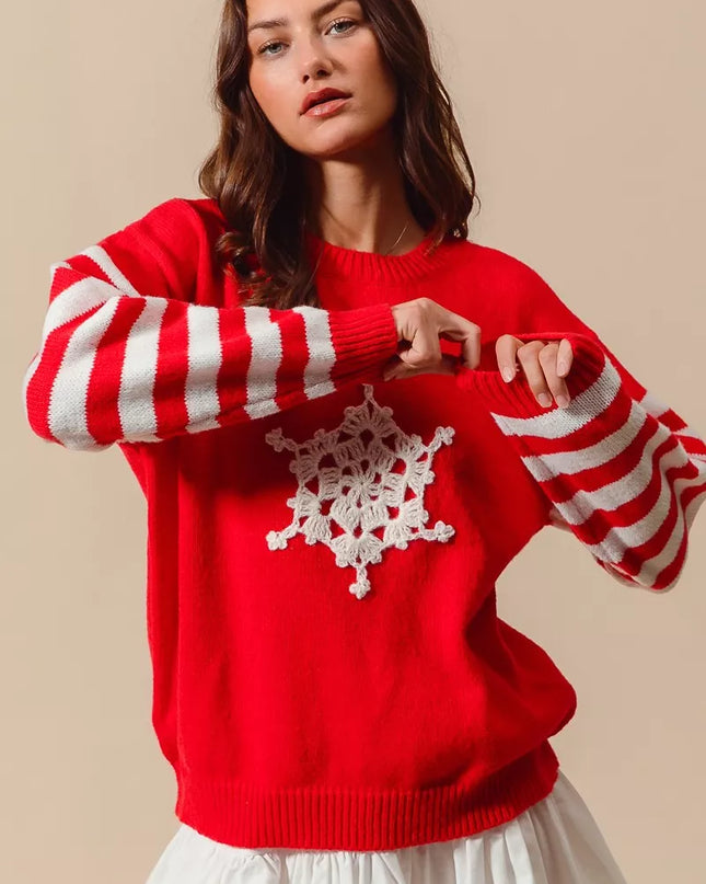 SO ME Christmas Snowflake Crochet Embellished Sweater - Sleekdenim.com