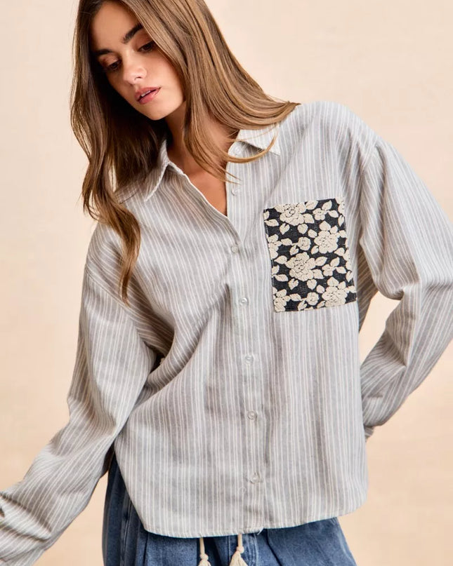 BiBi Flower Jacquard Knit Patch Pocket Stripe Shirt - Sleekdenim.com