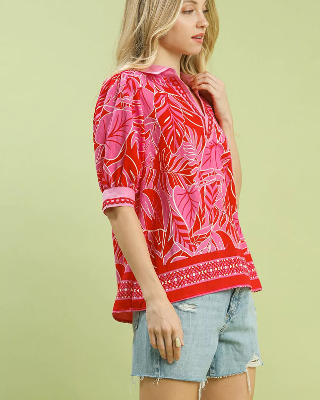 Umgee Tropical Print Puff Sleeve Blouse - Sleekdenim.com