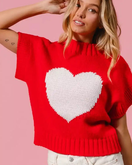 BiBi Rib Banded Heart Pattern Valentines Sweater - Sleekdenim.com