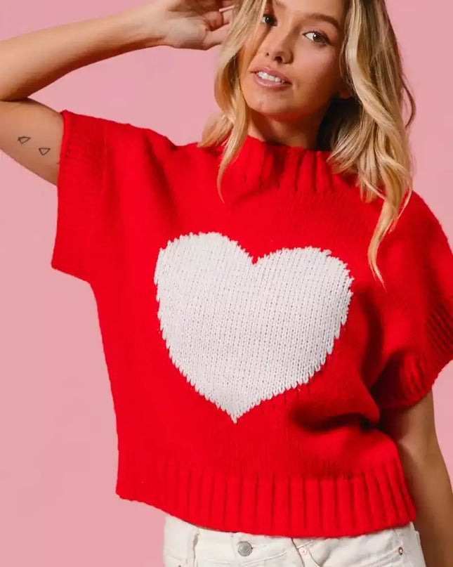 BiBi Rib Banded Heart Pattern Valentines Sweater - Sleekdenim.com