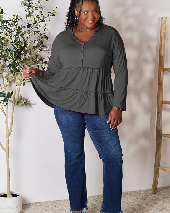 Double Take Half Button Long Sleeve Ruffle Hem Blouse - Sleekdenim.com