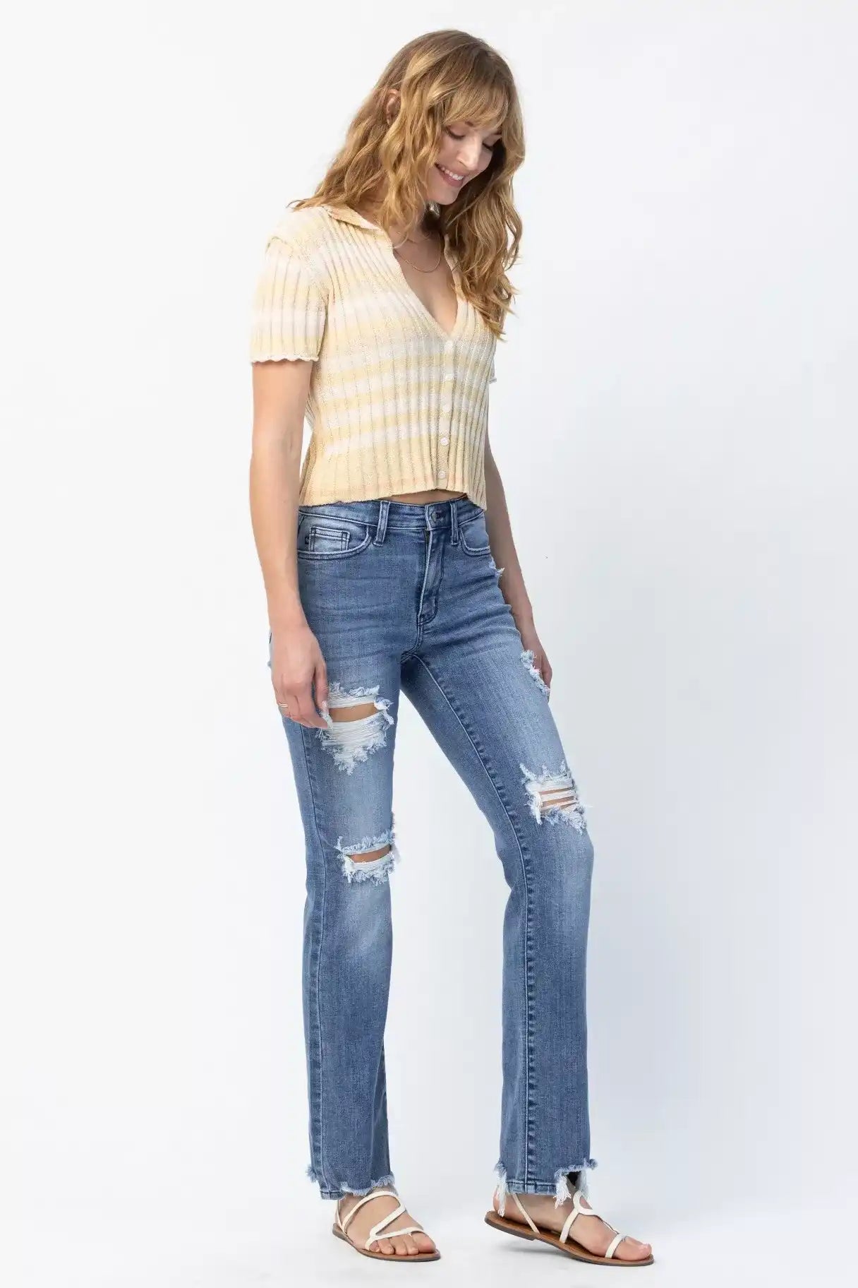 Judy Blue Mid Rise Destroy Straight Jeans 82425 - Sleekdenim.com