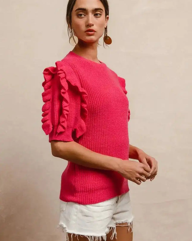 BiBi Ruffle Sleeve Ribbed Sweater - Sleekdenim.com