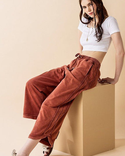 Dolphin Tail Wide Leg Mineral Washed Pants - Sleekdenim.com