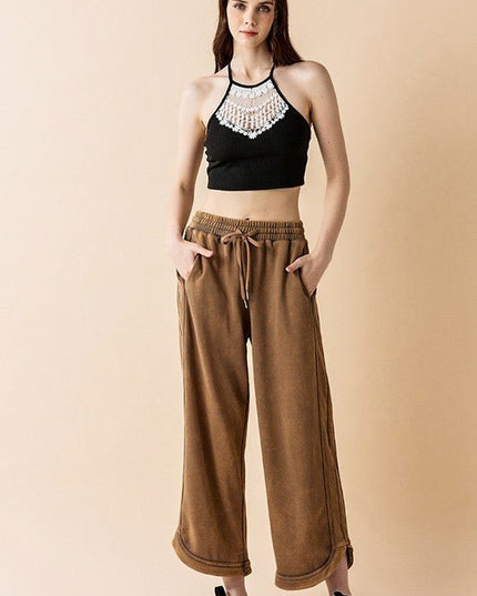 Dolphin Tail Wide Leg Mineral Washed Pants - Sleekdenim.com