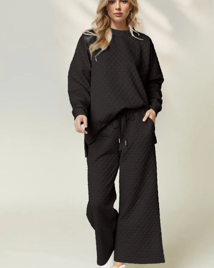Double Take Checkered Slit High - Low Round Neck Top and Wide Leg Pants Set - Sleekdenim.com