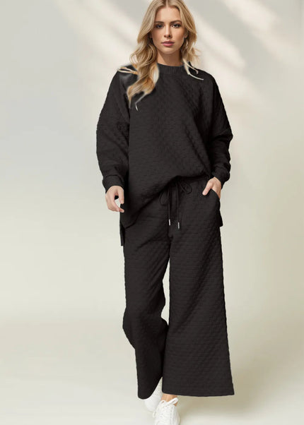 Double Take Checkered Slit High - Low Round Neck Top and Wide Leg Pants Set - Sleekdenim.com