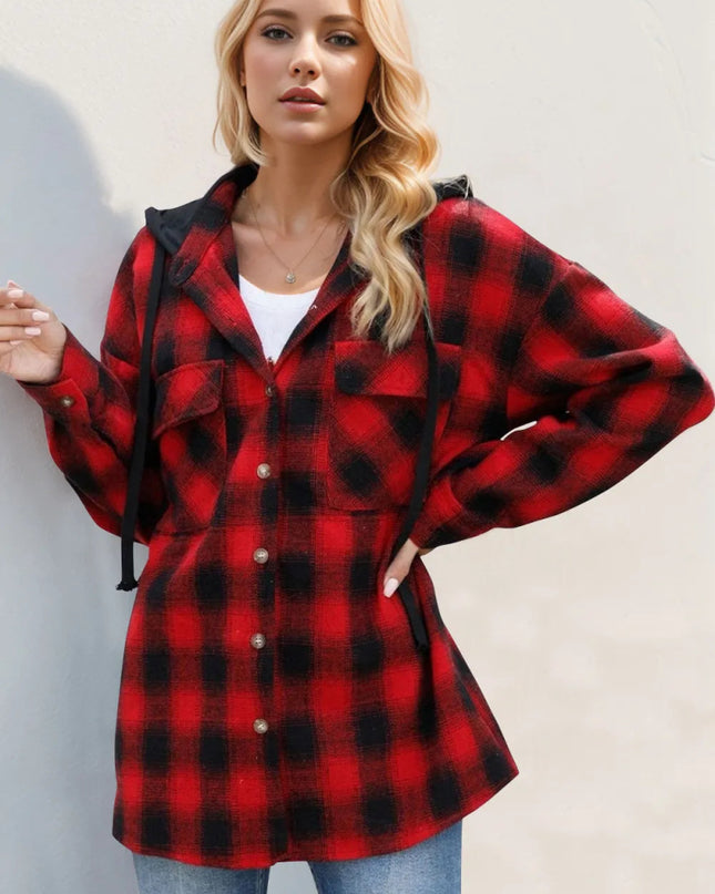 Double Take Drawstring Plaid Long Sleeve Hooded Shacket - Sleekdenim.com